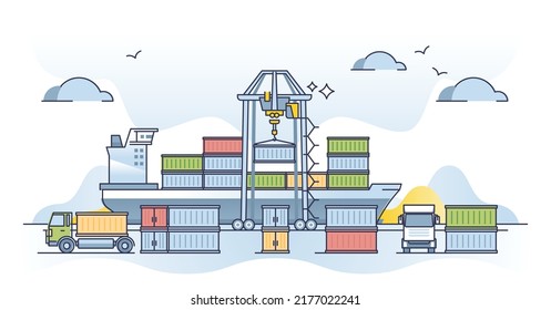 Concepto del esquema de logística de transporte de mercancías y de la industria de contenedores. Importación o exportación del proceso de carga o descarga desde el buque de carga a la ilustración vectorial de los camiones de vehículos. Terminal de envío pesado.