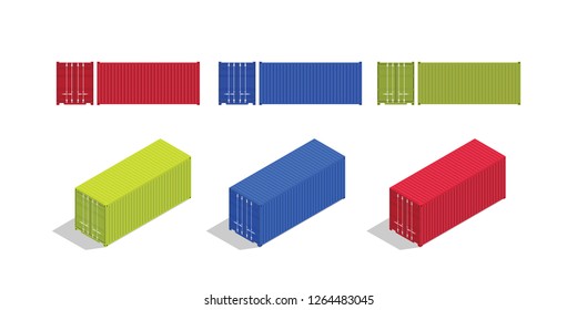 Container Isometric And From Front Set Collection With Various Color Vector Illustration