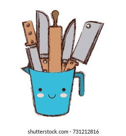 container with knives colorful kawaii blurred contour vector illustration