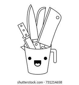 container with knives monochrome kawaii silhouette vector illustration