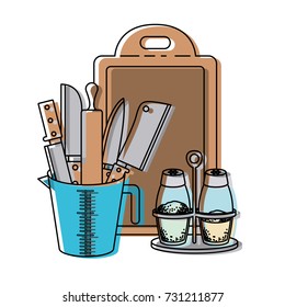 container with knives and rolling pin and salt and pepper containers and chopping board colorful watercolor silhouette vector illustration
