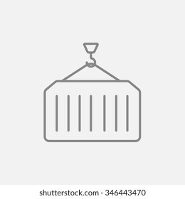 Container lifted by a crane line icon for web, mobile and infographics. Vector dark grey icon isolated on light grey background.