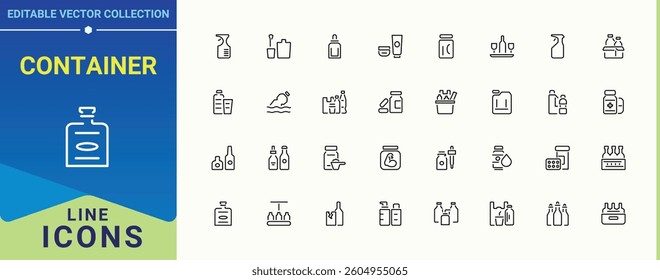 Container line icon set. Contain linear sign water water, drink, wine eco and more. Bottle icon set. Modern icons collection. Editable vector.