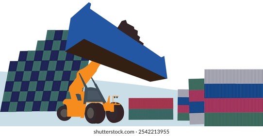 Carga y descarga de contenedores por tema de ilustración de grúa Fondo blanco, envío por tema de ilustración de carga con carretilla elevadora en puerto