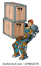 container loader. working in the exoskeleton. Pop art retro vector illustration kitsch vintage drawing