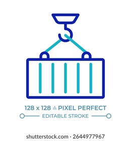 Container loading pixel perfect two color line icon. Crain transports cargo. Lifting equipment of marine port bicolor outline symbol. Duotone linear pictogram. Isolated illustration. Editable stroke