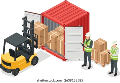 container loading Supervision and inspector concept worker with walkie talkie radio working shipping port isolated cartoon isometric isolated white background