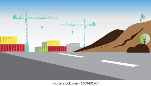 Container loading and unloading activities in the port area in the morning. There are lifting cranes at work.