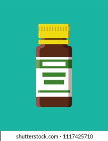 Container for medical liquids storage, syrups and mixtures, glass bottle with label information about product, vector illustration isolated on green