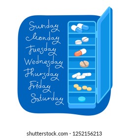 Container with medication in capsules and tablets for the whole week on a blue background