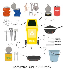 Container with metal trash on white background. Ecology and recycle concept. Vector Illustration.
