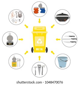 Container with metal trash on white background. Ecology and recycle concept. Vector Illustration.