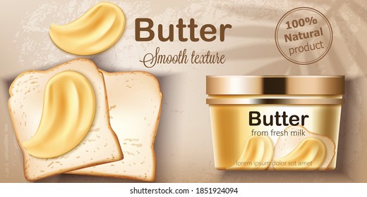 Contenedor con mantequilla natural de leche fresca. Se esparce en pan tostado. La textura natural suave. Colocar el texto. Colocación realista de productos de simulación 3D. Vector