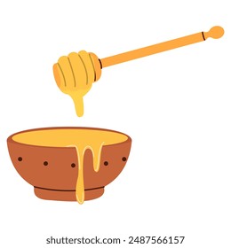 Container with natural honey and a jug. Sweet product. Container for honey.