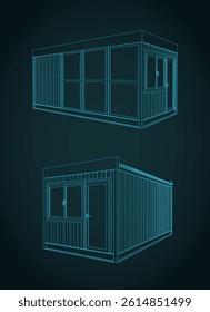 Container office stylized vector illustrations. Shipping container converted into a mobile office
