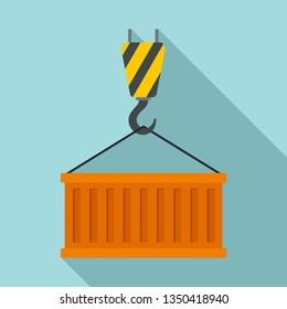 Container on crane hook icon. Flat illustration of container on crane hook vector icon for web design