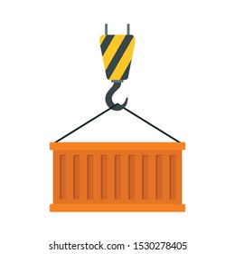 Container on crane hook icon. Flat illustration of container on crane hook vector icon for web design