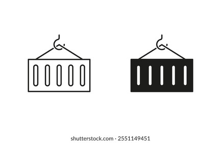 Contêiner na Linha de Guindaste de Metal e Conjunto de Ícones de Silhueta. Sinal de exportação e importação. Traço editável. Ilustração de vetor isolada.