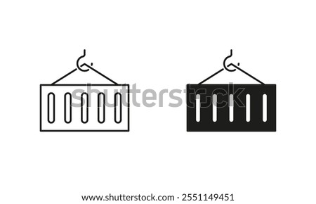 Container on Metal Crane Line and Silhouette Icon Set. Export and Import Sign. Editable Stroke. Isolated Vector Illustration.