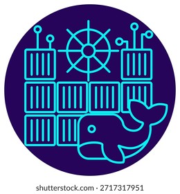 Container Orchestration Icon. Minimalistic neon outline on a dark blue round background. A stylish vector illustration of stacked containers, a ship's wheel (helm) for management, and a whale (Docker symbol), representing microservices architecture, automated deployment, and scalable container management