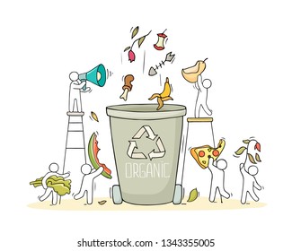 Container for organic garbage. Cartoon trash can food products with people. Doddle vector illustration isolated on white.