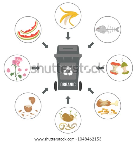 Container with organic trash on white background. Ecology and recycle concept. Vector Illustration.