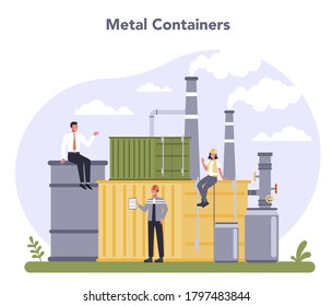 Industria de contenedores y embalajes. Material de envoltura metálica. Norma mundial de clasificación de la industria. Ilustración vectorial plana aislada
