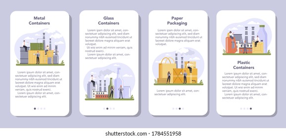 Container and packaging industry mobile application banner set. Metal, glass, paper and plastic wrapping material. Global industry classification standard. Isolated flat vector illustration