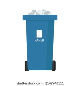 A container with paper garbage in blue on a white background. Vector isolated image for use in web design