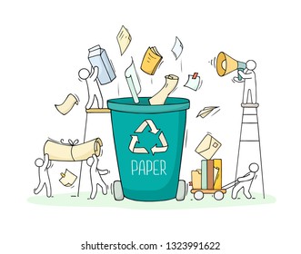 Container for paper garbage. Set of garbage cans for paper products with people. Cartoon vector illustration isolated on white.