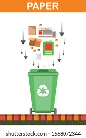 Container with paper trash on color background. Cartoon office trash recycle bin for garbage. Bin for papers