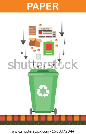 Container with paper trash on color background. Cartoon office trash recycle bin for garbage. Bin for papers