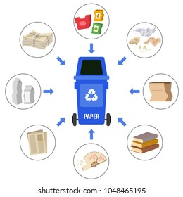 Container with paper trash on white background. Ecology and recycle concept. Vector Illustration.
