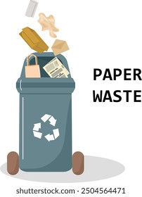 Container for paper waste. Boxes, crates, paper and bags. Flat style illustration. Smart waste sorting. Vector illustration
