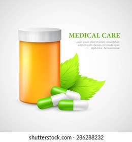 The container and pills. Eco medicine. Vector illustration EPS 10