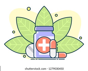container with pills on a background of leaves, the concept of natural medicines and homeopathy