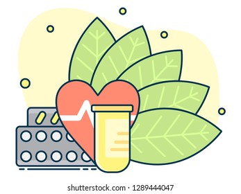 Contenedor con pastillas sobre un fondo de hojas, el concepto de medicamentos naturales y homeopatía