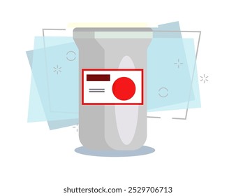 Container with pills. Red circle, warning, sticker, plastic, bottle. Medication concept. Vector illustration can be used for topics like treatment, cure, therapy, prescription