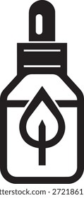 Container with pipette top and internal leaf shape illustrating organic essential oil serum or natural cosmetic liquid ingredient