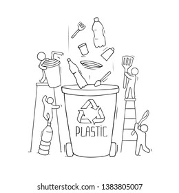 Container for plastic garbage. Set of garbage can for plastic products with people. Cartoon vector illustration isolated on white.