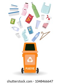 Container with plastic trash on white background. Ecology and recycle concept. Vector Illustration.