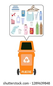 Container with plastic trash on white background. Ecology and recycle concept. Vector Illustration.