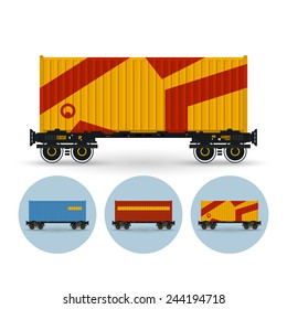 Container platform for transportation of containers by rail. Set of three round colorful icons container platform,  vector illustration