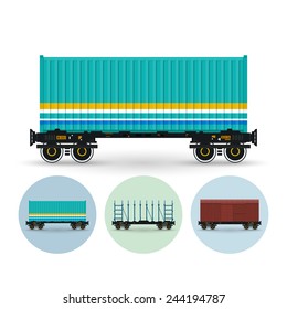 Container platform for transportation of containers by rail. Set of three round colorful icons  railway platform, covered freight car ,vector illustration
