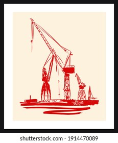 Container Port Sketch Drawing. Vector Poster. Living Room Poster, Wall Decoration Poster   