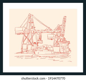 Container Port Sketch Drawing. Vector Poster. Living Room Poster, Wall Decoration Poster   