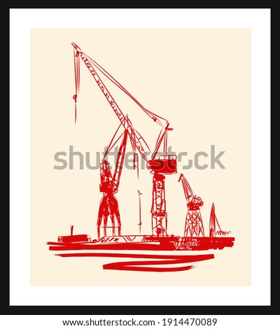 Container port sketch drawing. Vector poster. Living room poster, wall decoration poster   