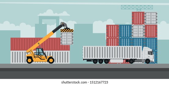 Container port terminal design background for export. Container trucks working
