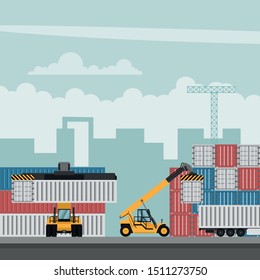 Container port terminal design for export. Container trucks working