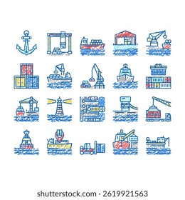 Container Port Tool Collection doodle icons set vector. Port Crane Loader For Loading Boxes On Ship Storehouse, Buoy Lighthouse, Delivery Service